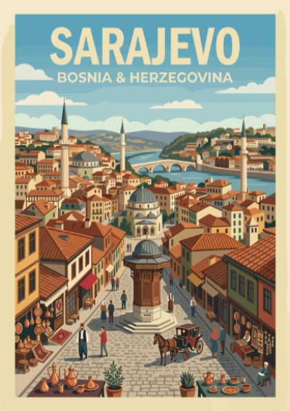 Poster of Sarajevo Bosnia and Herzegovina featuring the Sebilj fountain and historic city architecture.