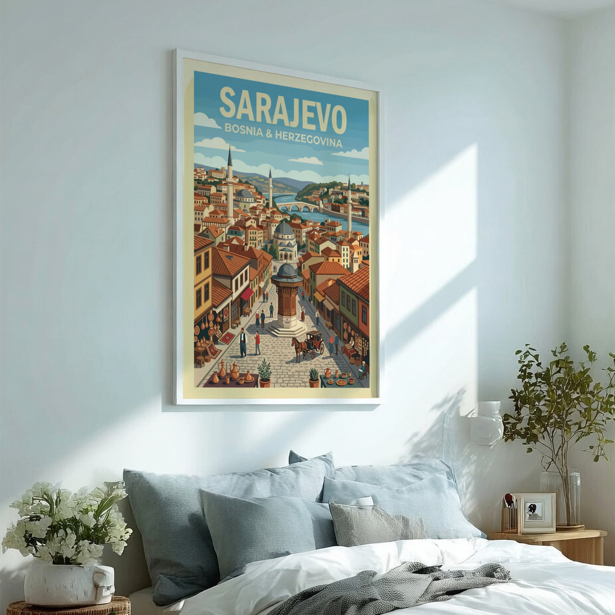Poster of Sarajevo Bosnia and Herzegovina featuring the Sebilj fountain and historic city architecture.