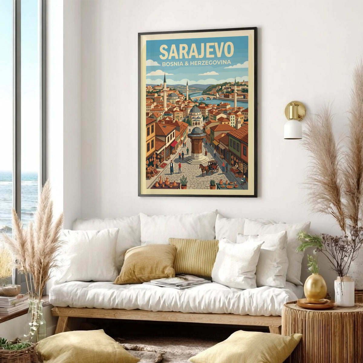 Poster of Sarajevo Bosnia and Herzegovina featuring the Sebilj fountain and historic city architecture.
