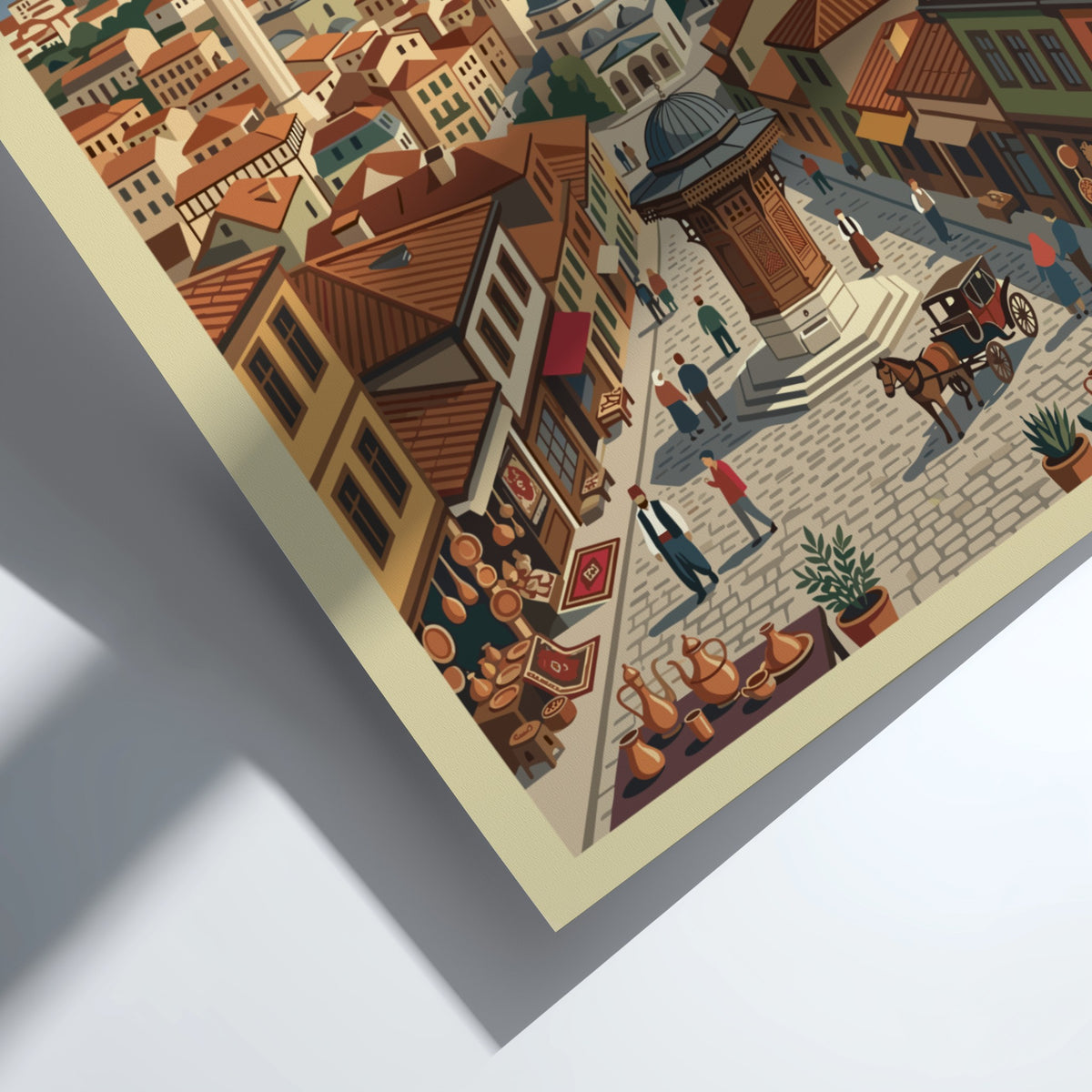 Poster of Sarajevo Bosnia and Herzegovina featuring the Sebilj fountain and historic city architecture.