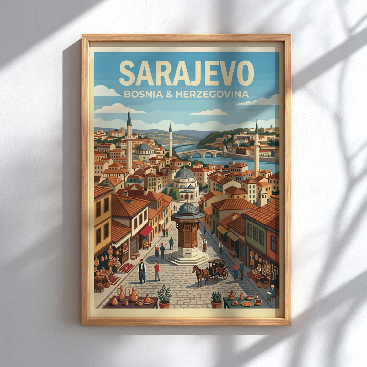 Poster of Sarajevo Bosnia and Herzegovina featuring the Sebilj fountain and historic city architecture.