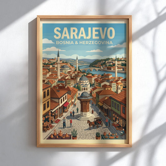Poster of Sarajevo Bosnia and Herzegovina featuring the Sebilj fountain and historic city architecture.