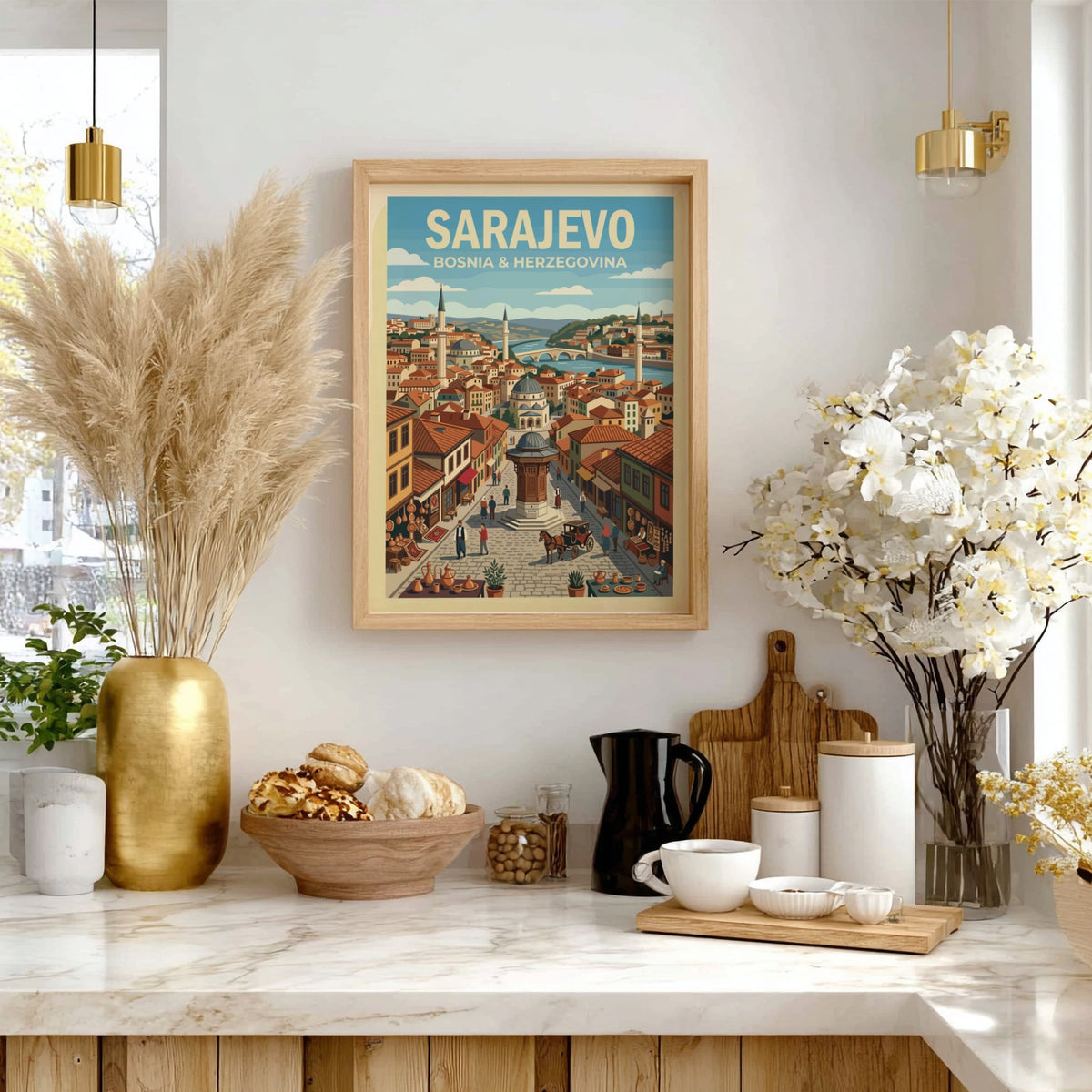 Poster of Sarajevo Bosnia and Herzegovina featuring the Sebilj fountain and historic city architecture.