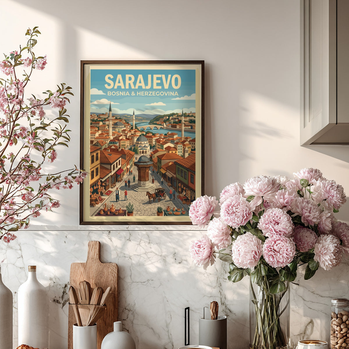 Poster of Sarajevo Bosnia and Herzegovina featuring the Sebilj fountain and historic city architecture.