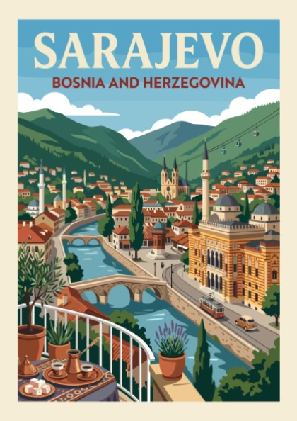 Sarajevo travel poster illustration featuring the city skyline with a river, bridges, and mountains in a