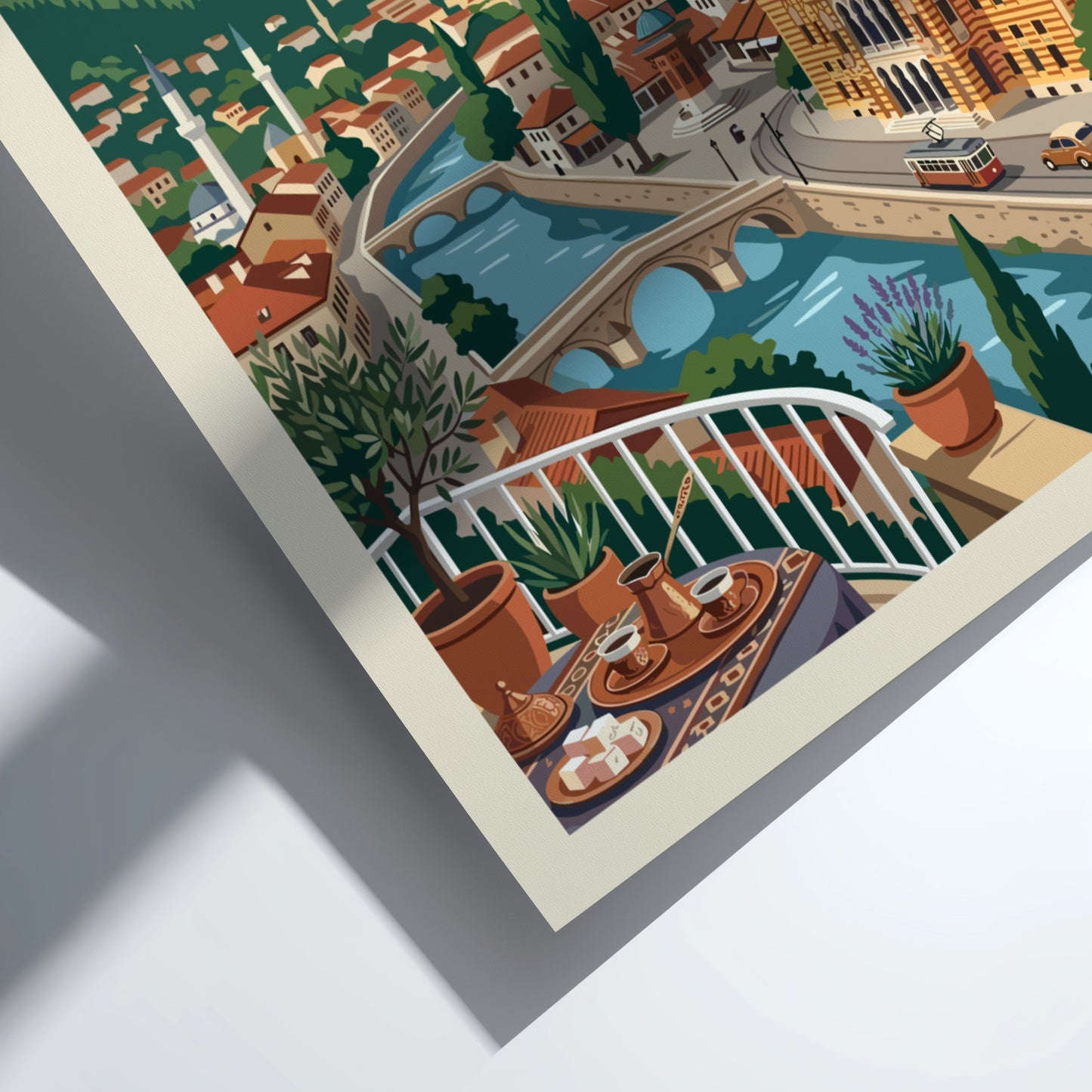 Sarajevo travel poster illustration featuring the city skyline with a river, bridges, and mountains in a