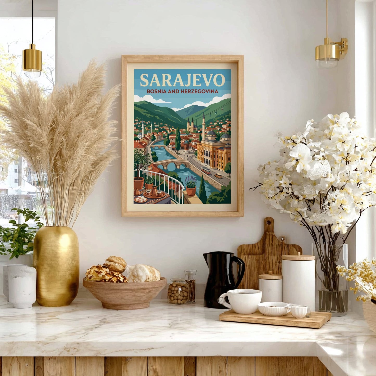 Sarajevo travel poster illustration featuring the city skyline with a river, bridges, and mountains in a