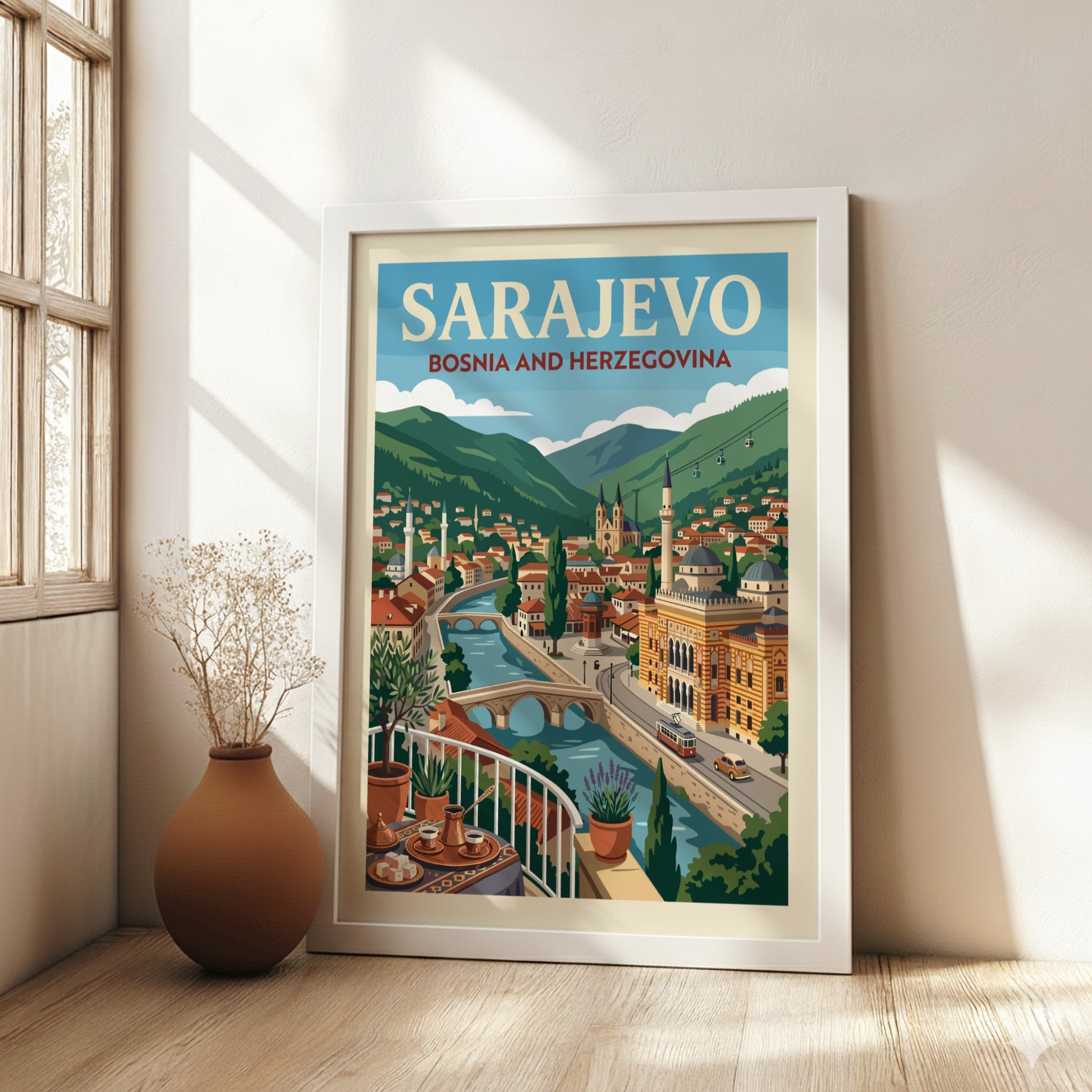 Sarajevo travel poster illustration featuring the city skyline with a river, bridges, and mountains in a