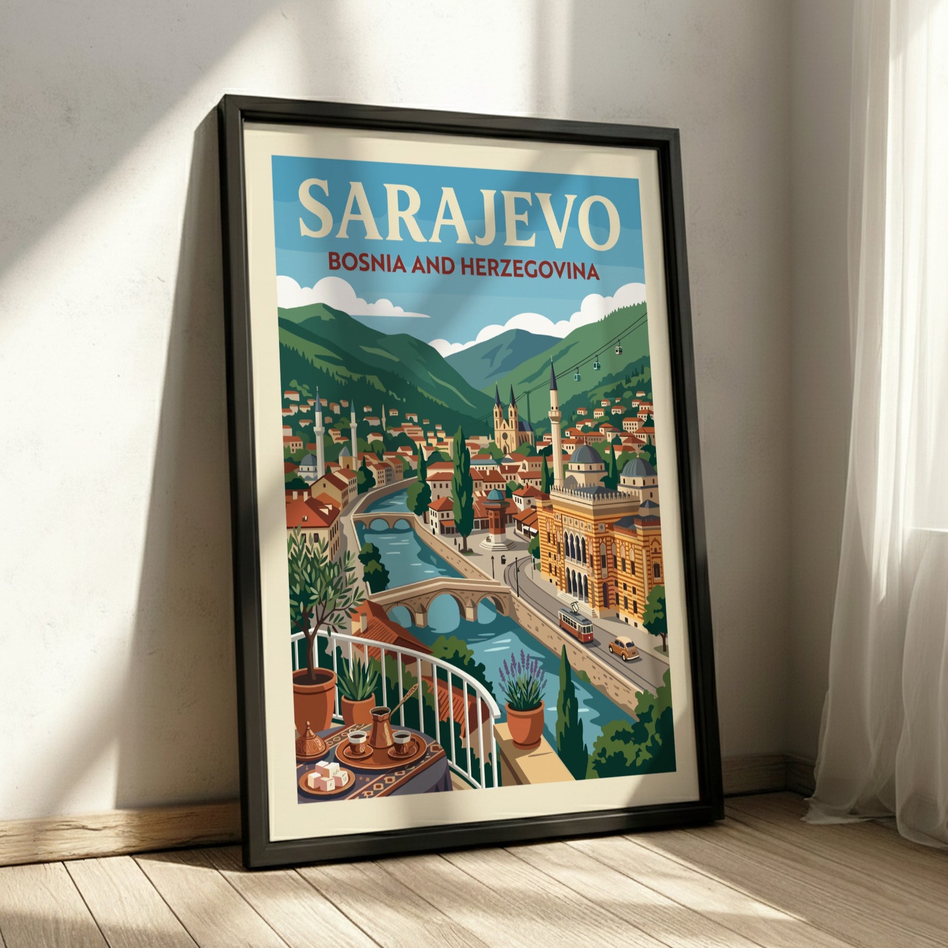 Sarajevo travel poster illustration featuring the city skyline with a river, bridges, and mountains in a