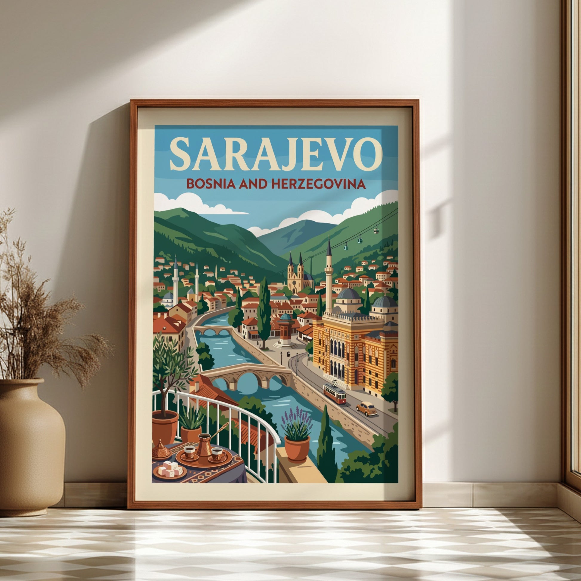 Sarajevo travel poster illustration featuring the city skyline with a river, bridges, and mountains in a