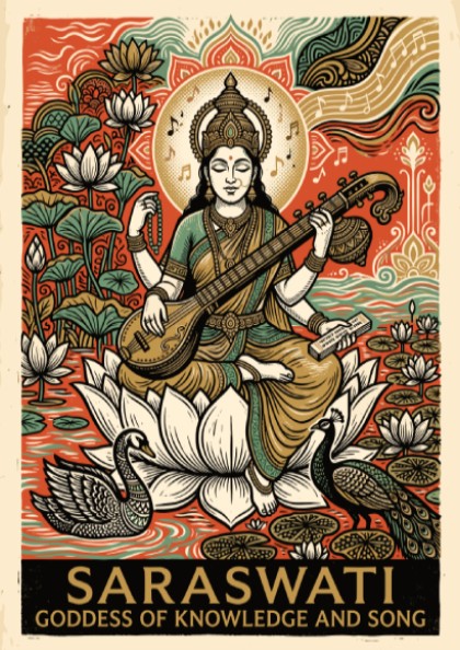 Poster of Saraswati the Goddess of Knowledge sitting on a lotus with musical notes.