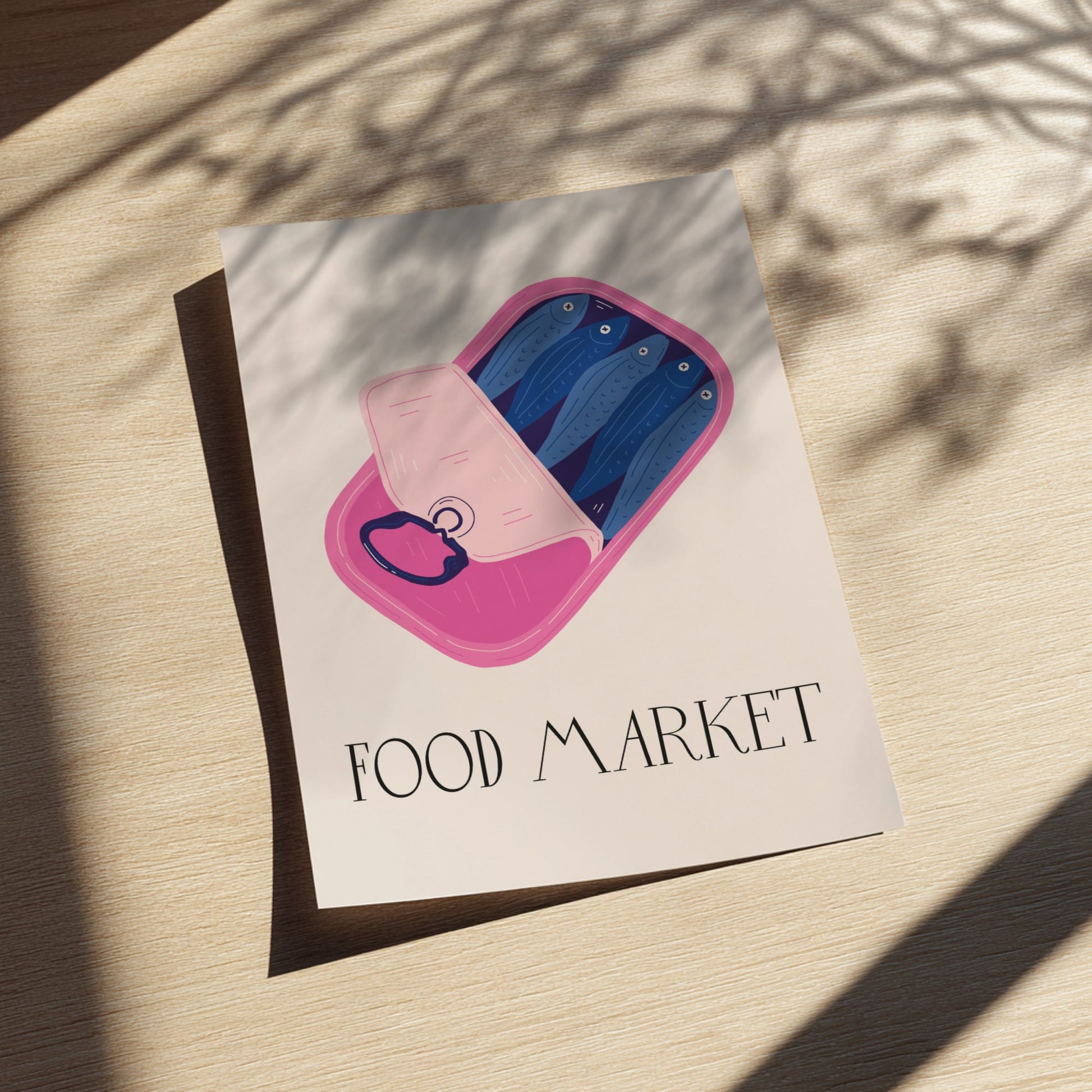 Card with a food market illustration on a wooden surface