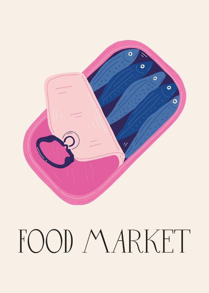 Illustration of a pink container with blue fish inside, labeled 'Food Market' on a beige background.