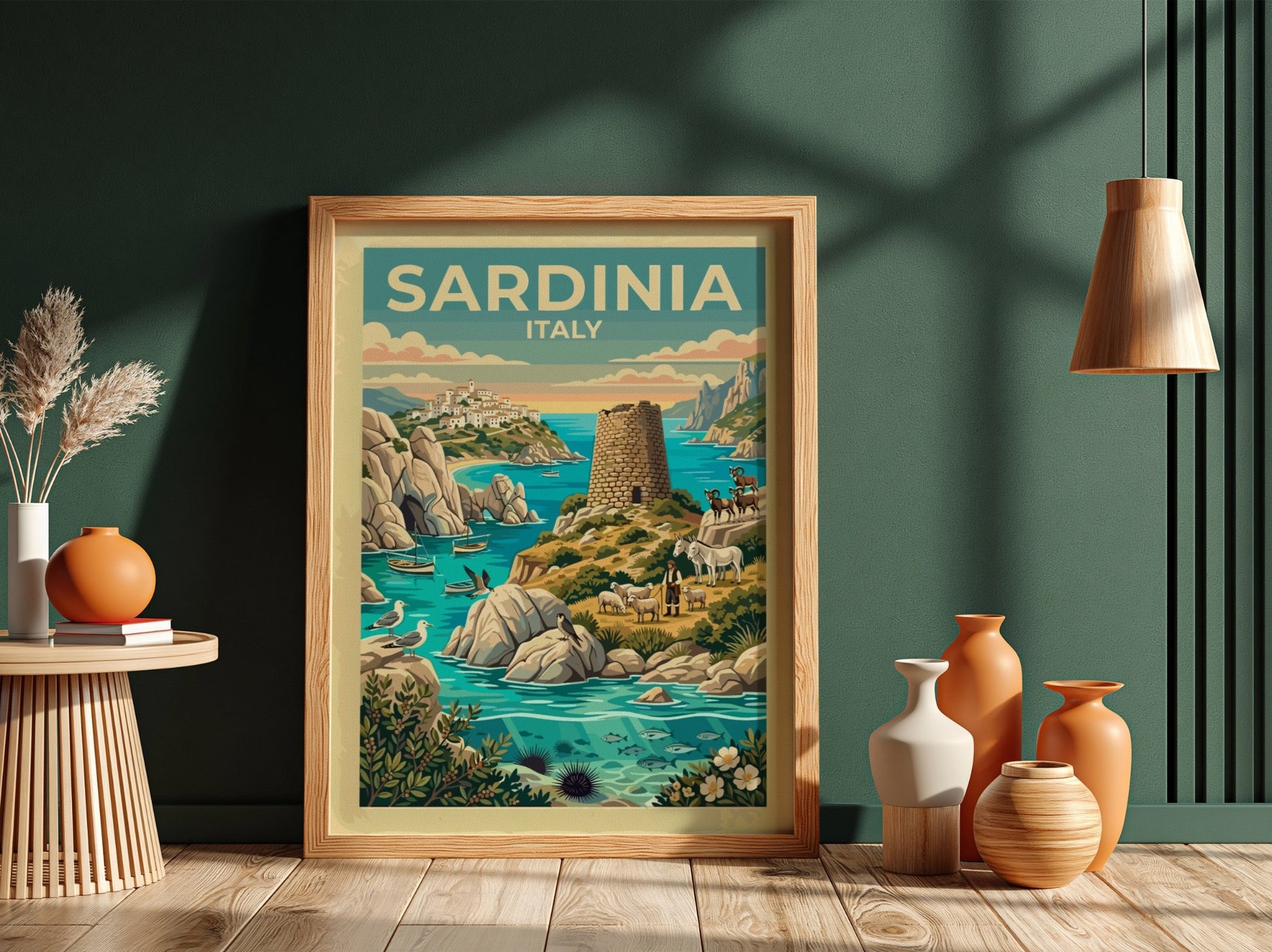 Travel poster of Sardinia Italy featuring a stone watchtower shepherd and turquoise sea