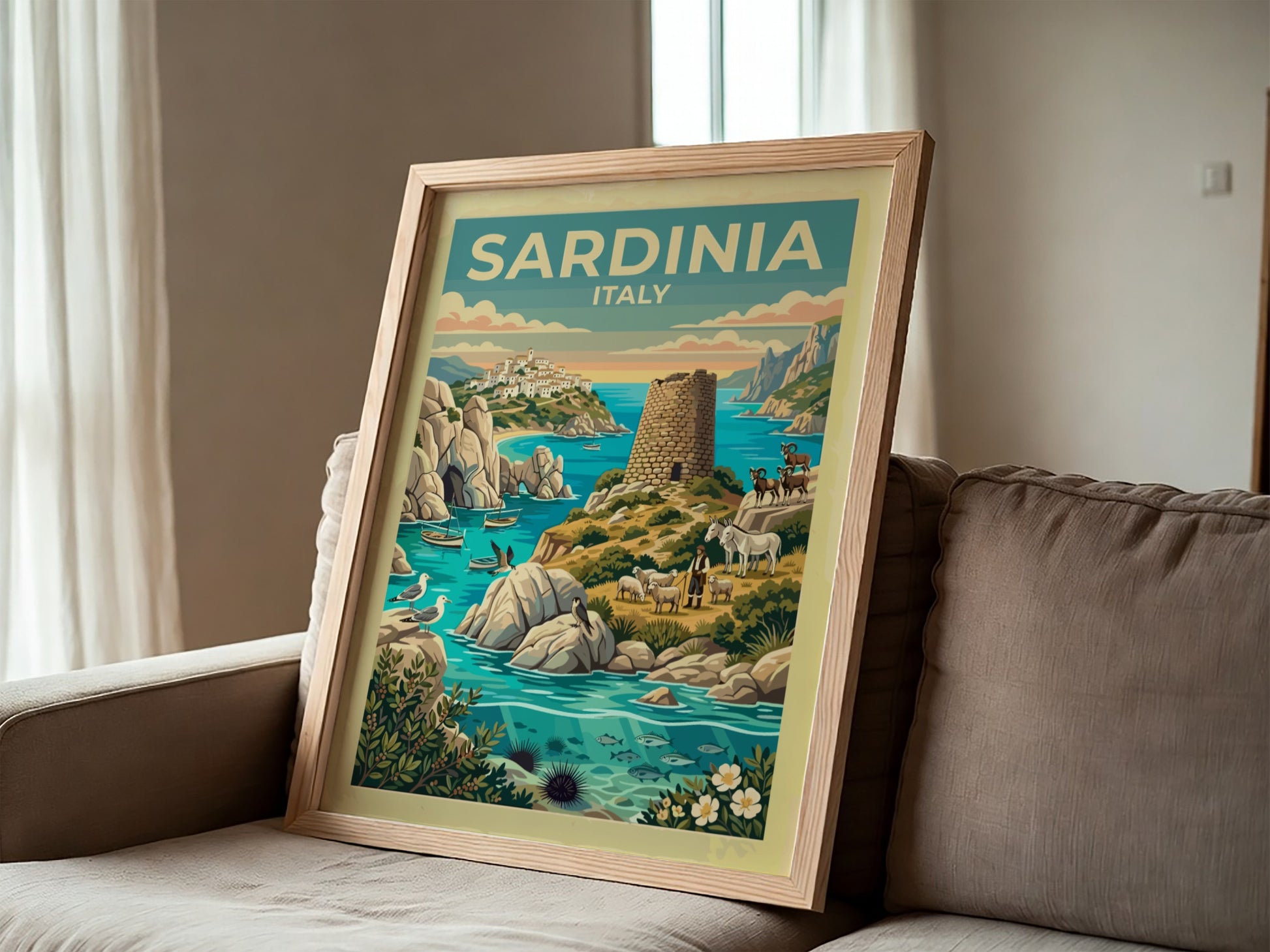 Travel poster of Sardinia Italy featuring a stone watchtower shepherd and turquoise sea