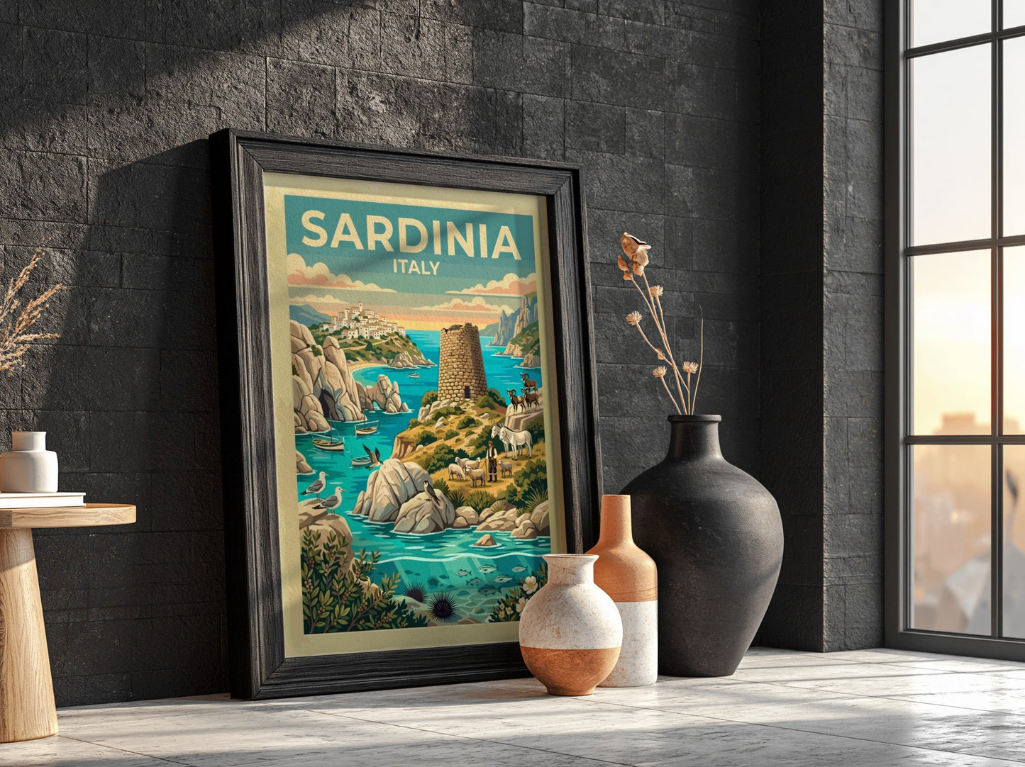 Travel poster of Sardinia Italy featuring a stone watchtower shepherd and turquoise sea