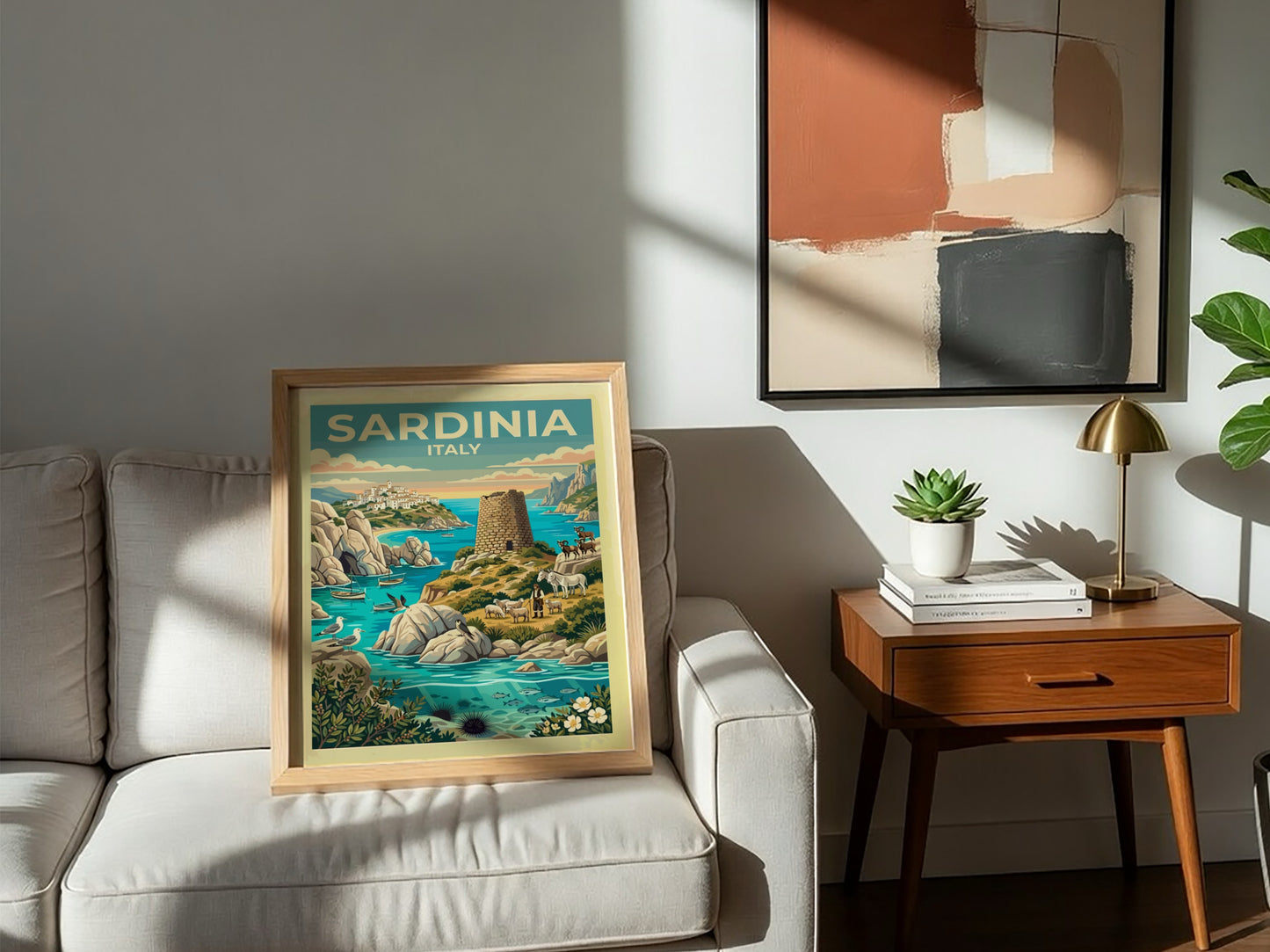 Travel poster of Sardinia Italy featuring a stone watchtower shepherd and turquoise sea