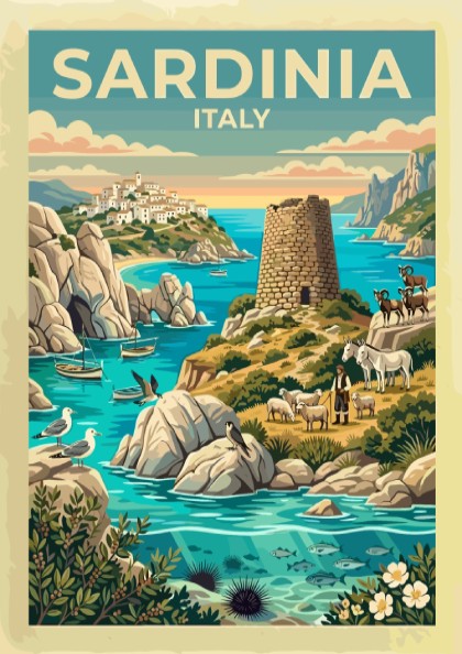 Travel poster of Sardinia Italy featuring a stone watchtower shepherd and turquoise sea