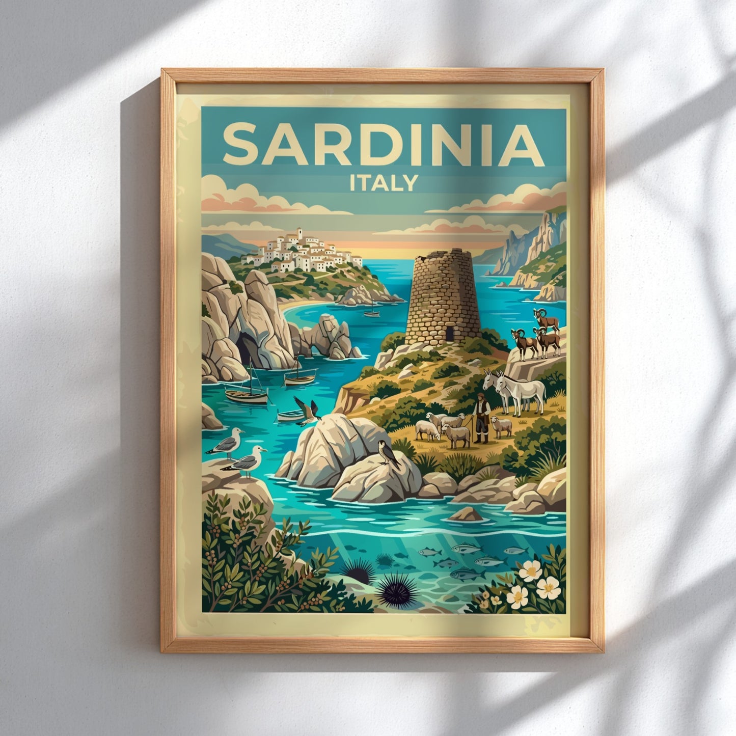 Travel poster of Sardinia Italy featuring a stone watchtower shepherd and turquoise sea