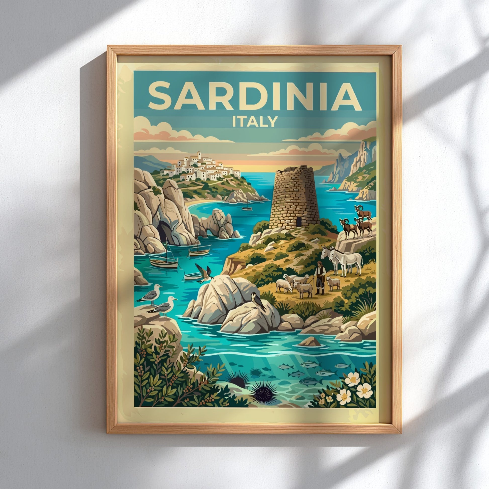 Travel poster of Sardinia Italy featuring a stone watchtower shepherd and turquoise sea
