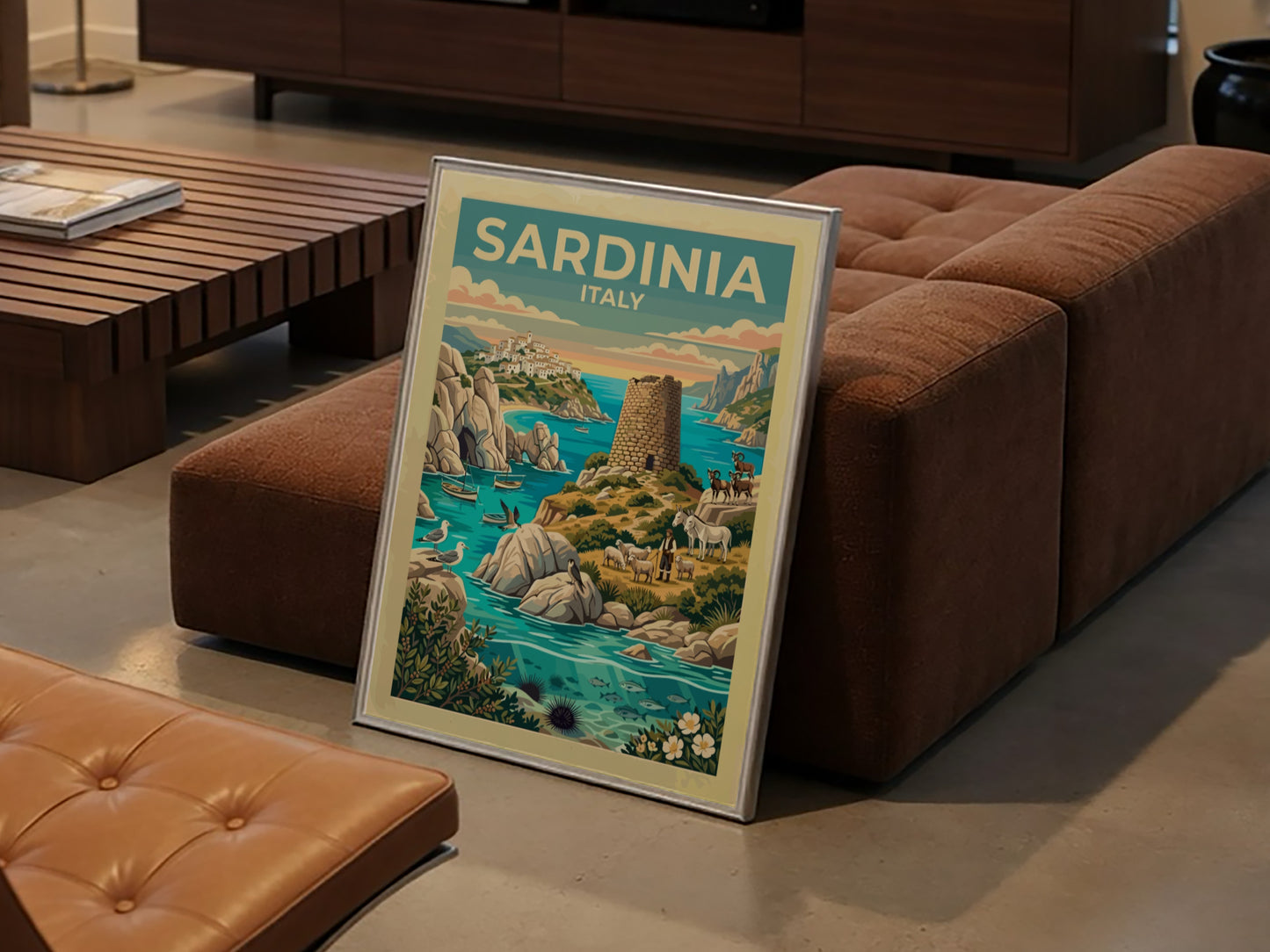 Travel poster of Sardinia Italy featuring a stone watchtower shepherd and turquoise sea