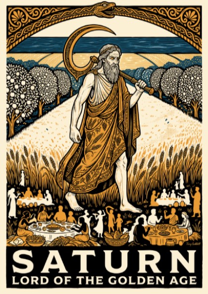 Poster of Saturn as Lord of the Golden Age with scythe in harvest field