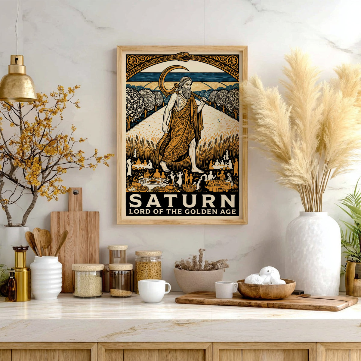 Poster of Saturn as Lord of the Golden Age with scythe in harvest field