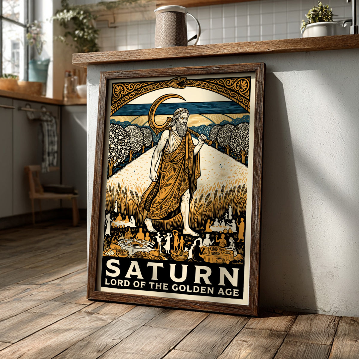 Poster of Saturn as Lord of the Golden Age with scythe in harvest field