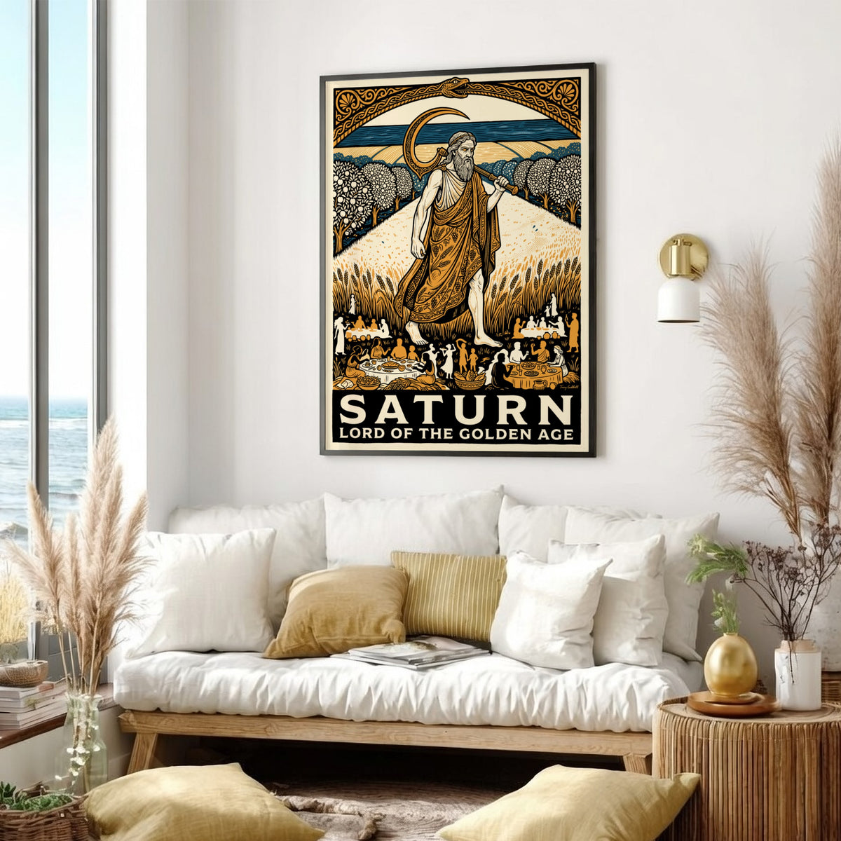 Poster of Saturn as Lord of the Golden Age with scythe in harvest field
