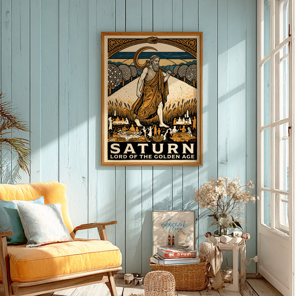 Poster of Saturn as Lord of the Golden Age with scythe in harvest field