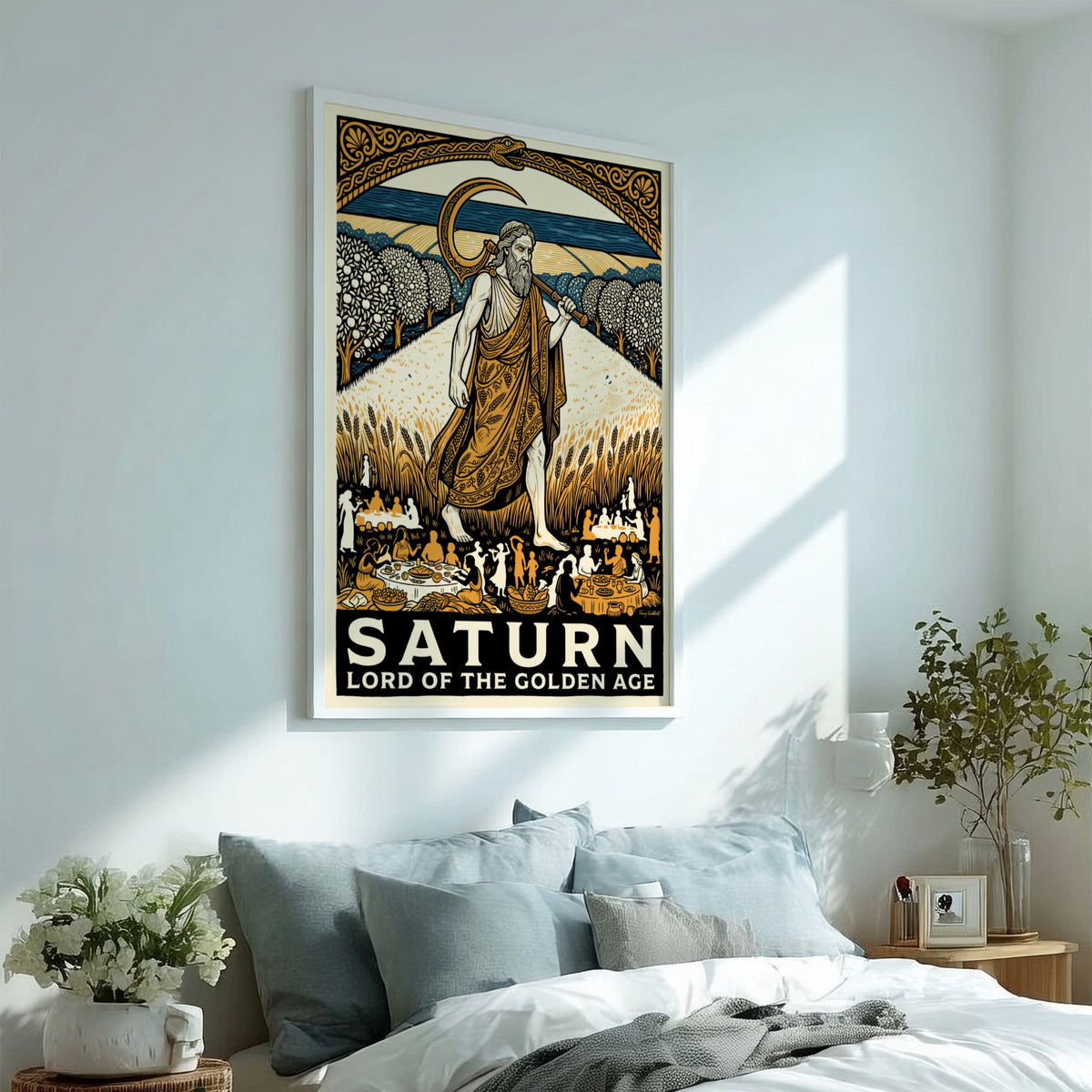 Poster of Saturn as Lord of the Golden Age with scythe in harvest field