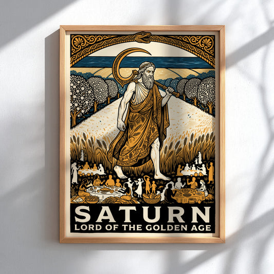 Poster of Saturn as Lord of the Golden Age with scythe in harvest field
