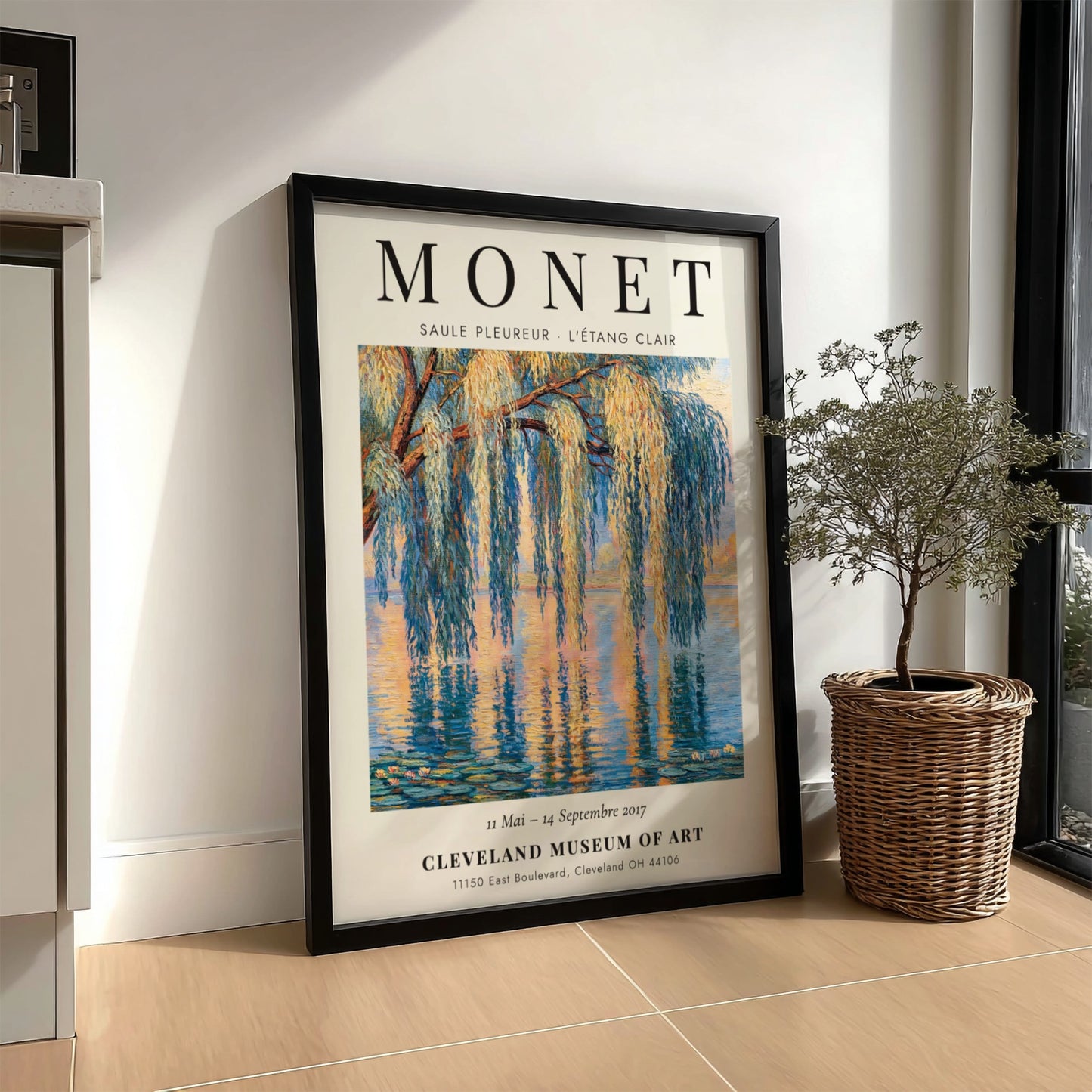 Monet inspired poster featuring a willow tree and water reflections in soft blues and greens