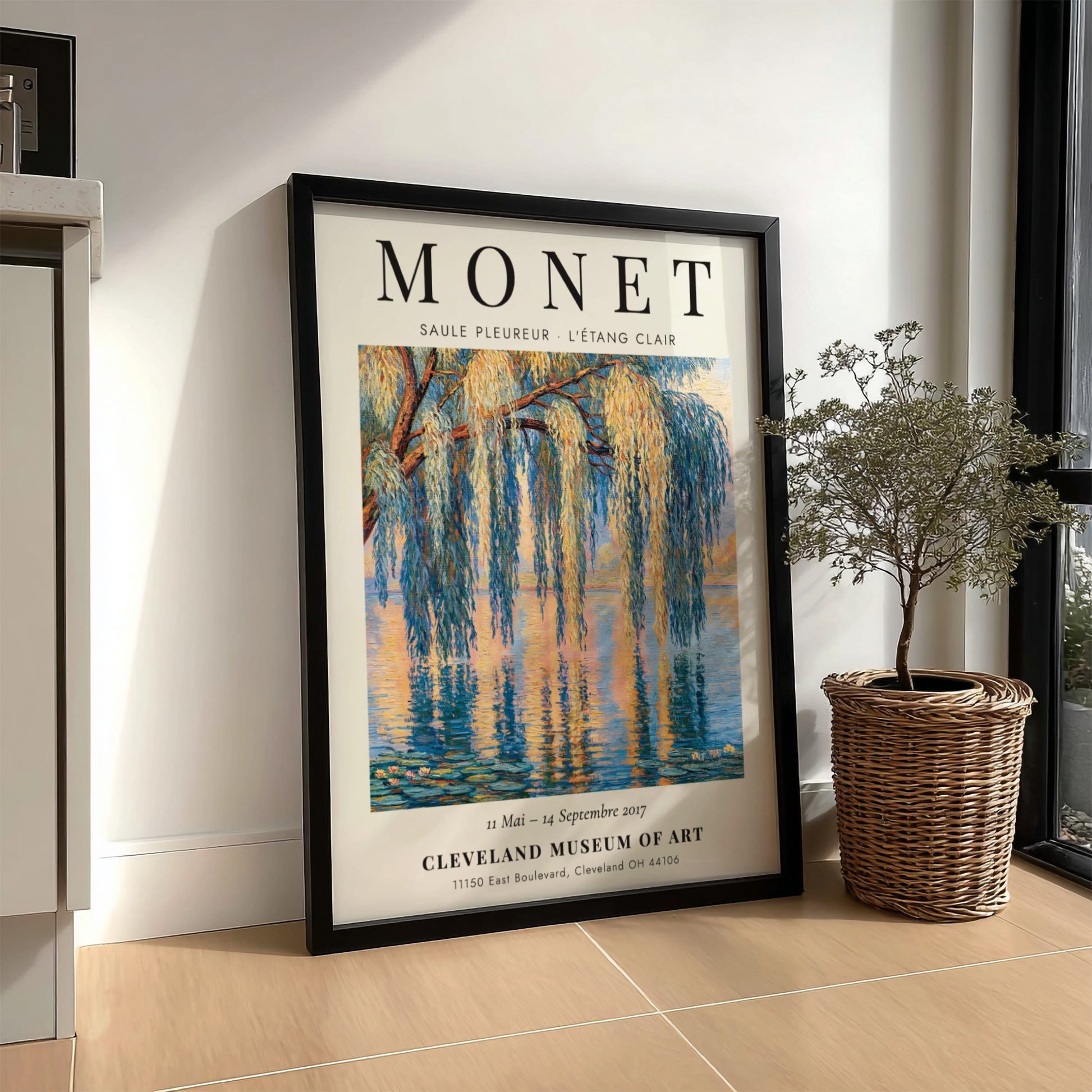 Monet inspired poster featuring a willow tree and water reflections in soft blues and greens