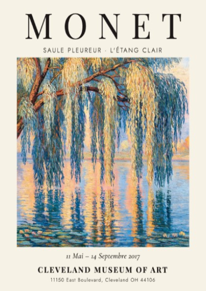 Monet inspired poster featuring a willow tree and water reflections in soft blues and greens