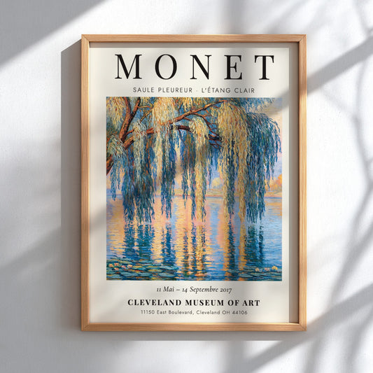 Monet inspired poster featuring a willow tree and water reflections in soft blues and greens