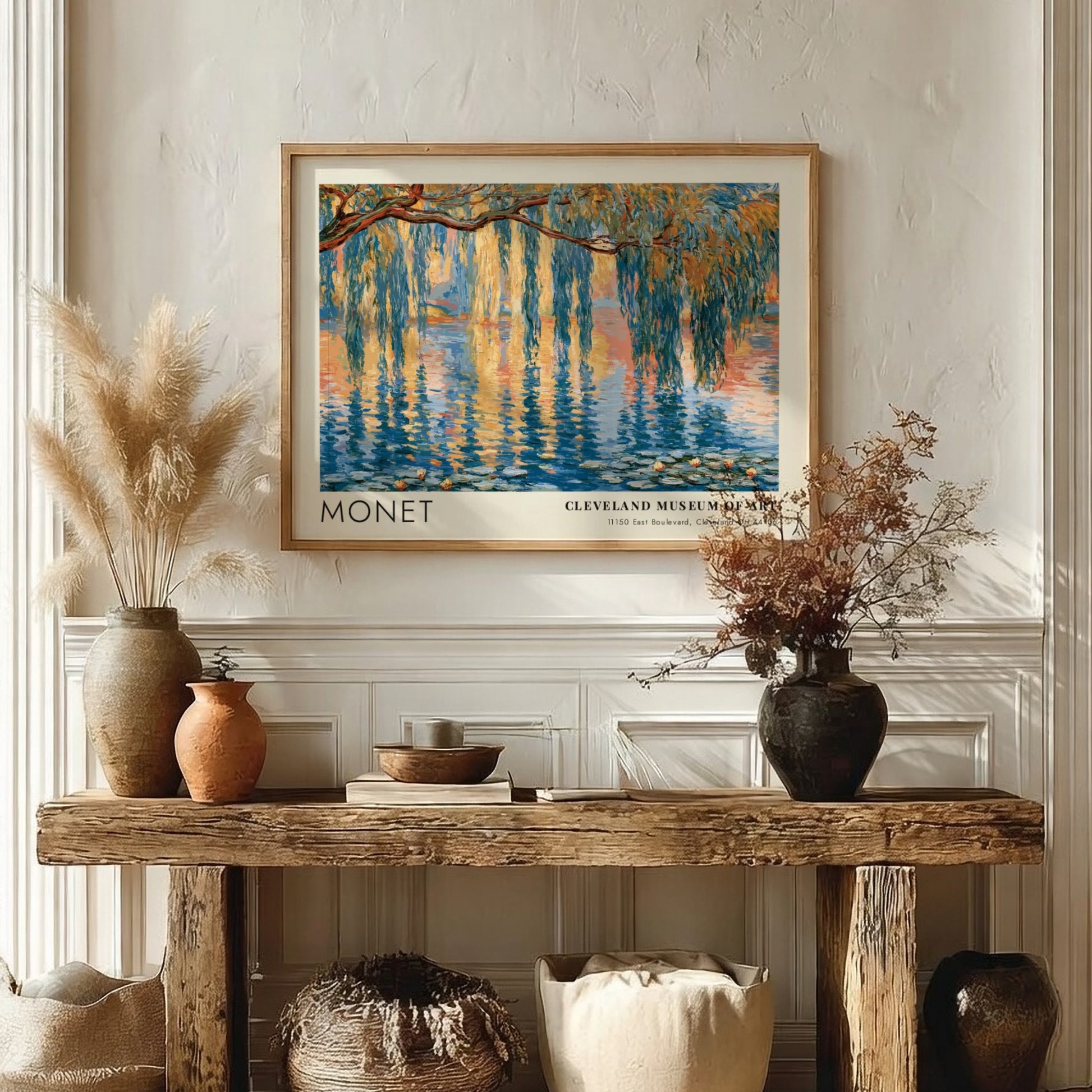 Saule Pleureur poster featuring Monet's impressionistic landscape with blues and greens, perfect wall art for