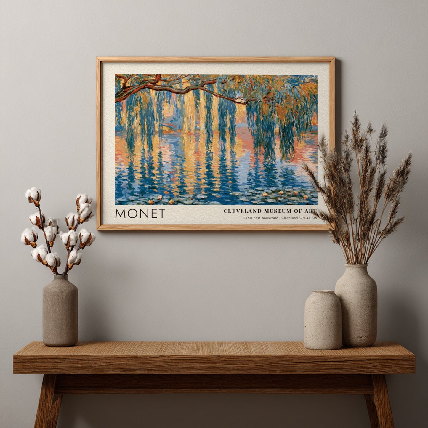 Saule Pleureur poster featuring Monet's impressionistic landscape with blues and greens, perfect wall art for