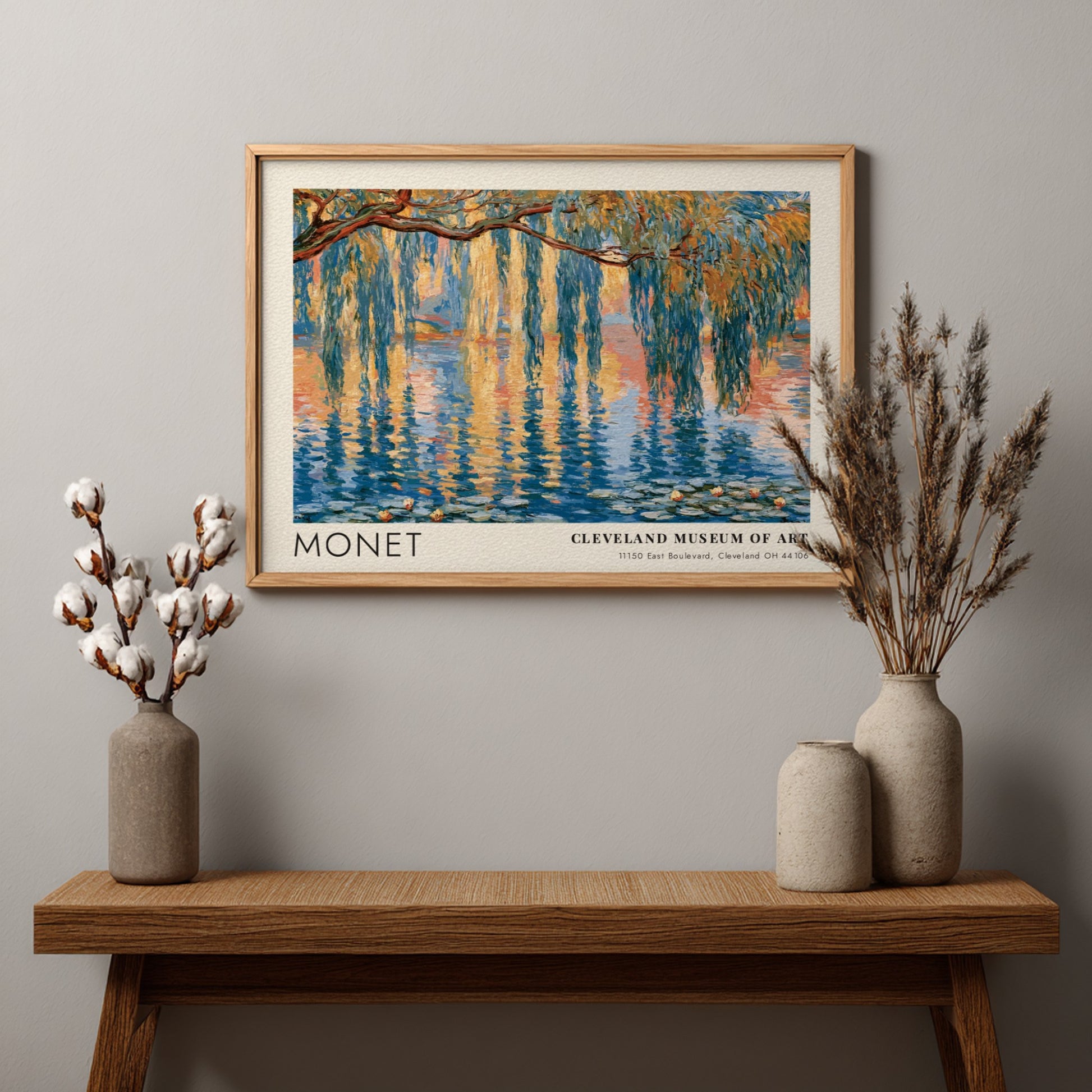 Saule Pleureur poster featuring Monet's impressionistic landscape with blues and greens, perfect wall art for