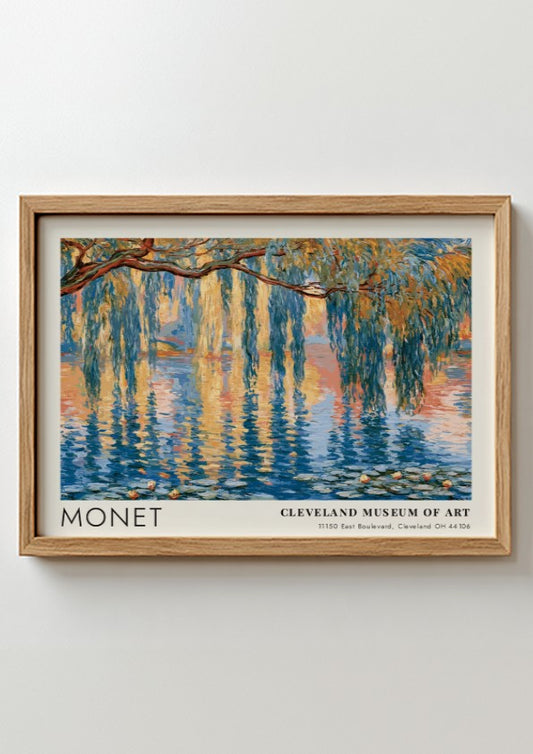 Saule Pleureur poster featuring Monet's impressionistic landscape with blues and greens, perfect wall art for
