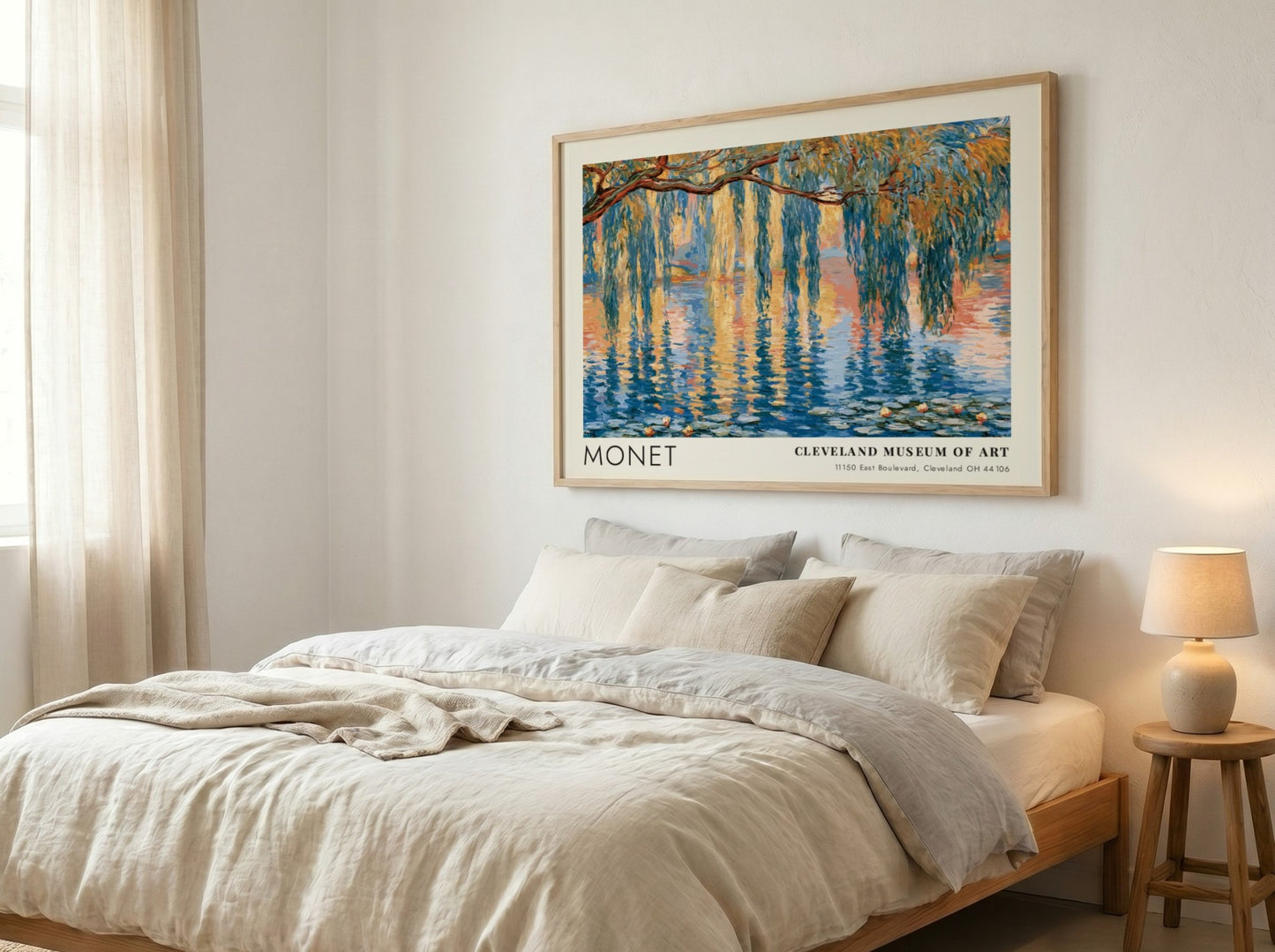 Saule Pleureur poster featuring Monet's impressionistic landscape with blues and greens, perfect wall art for