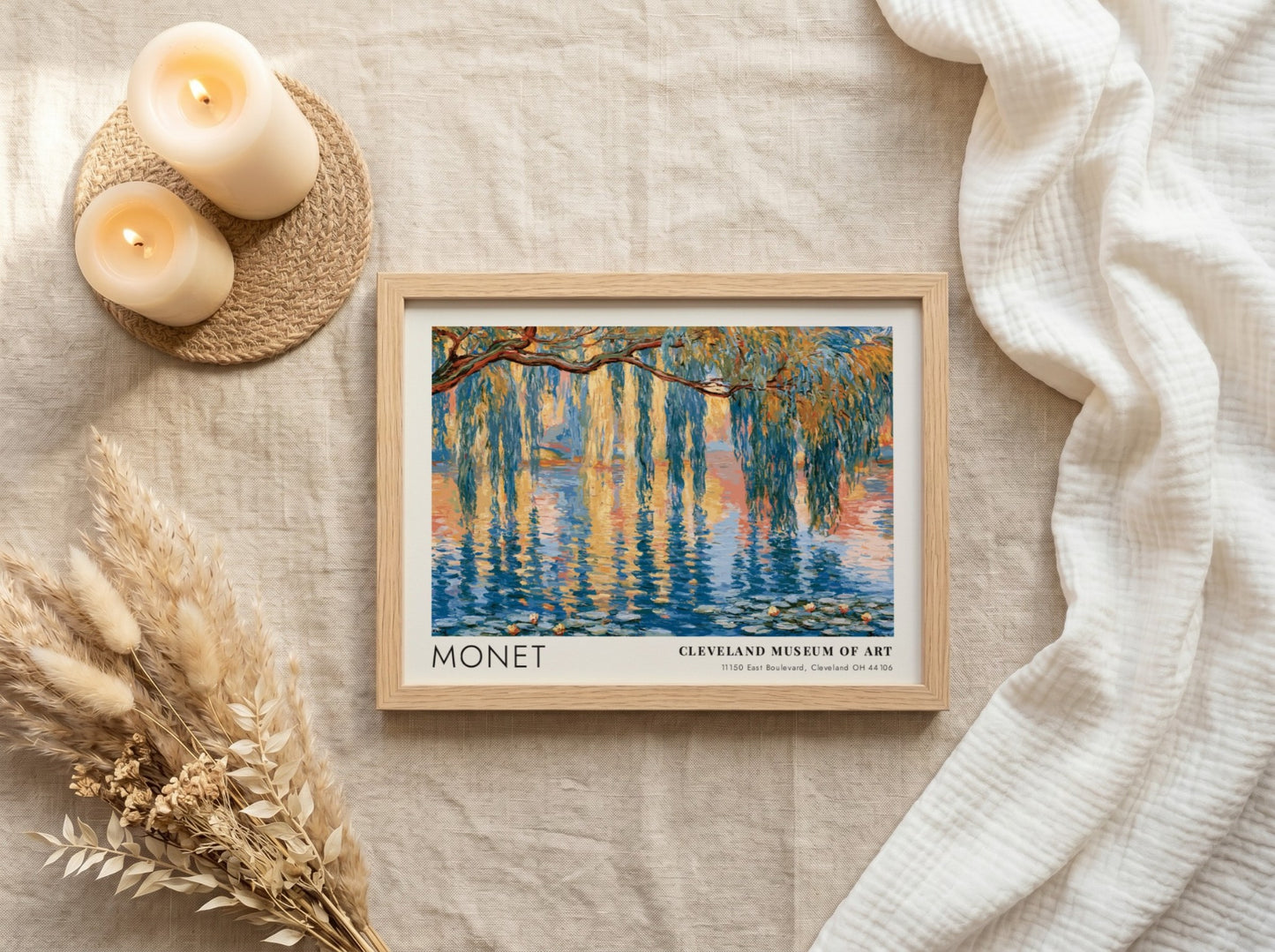 Saule Pleureur poster featuring Monet's impressionistic landscape with blues and greens, perfect wall art for