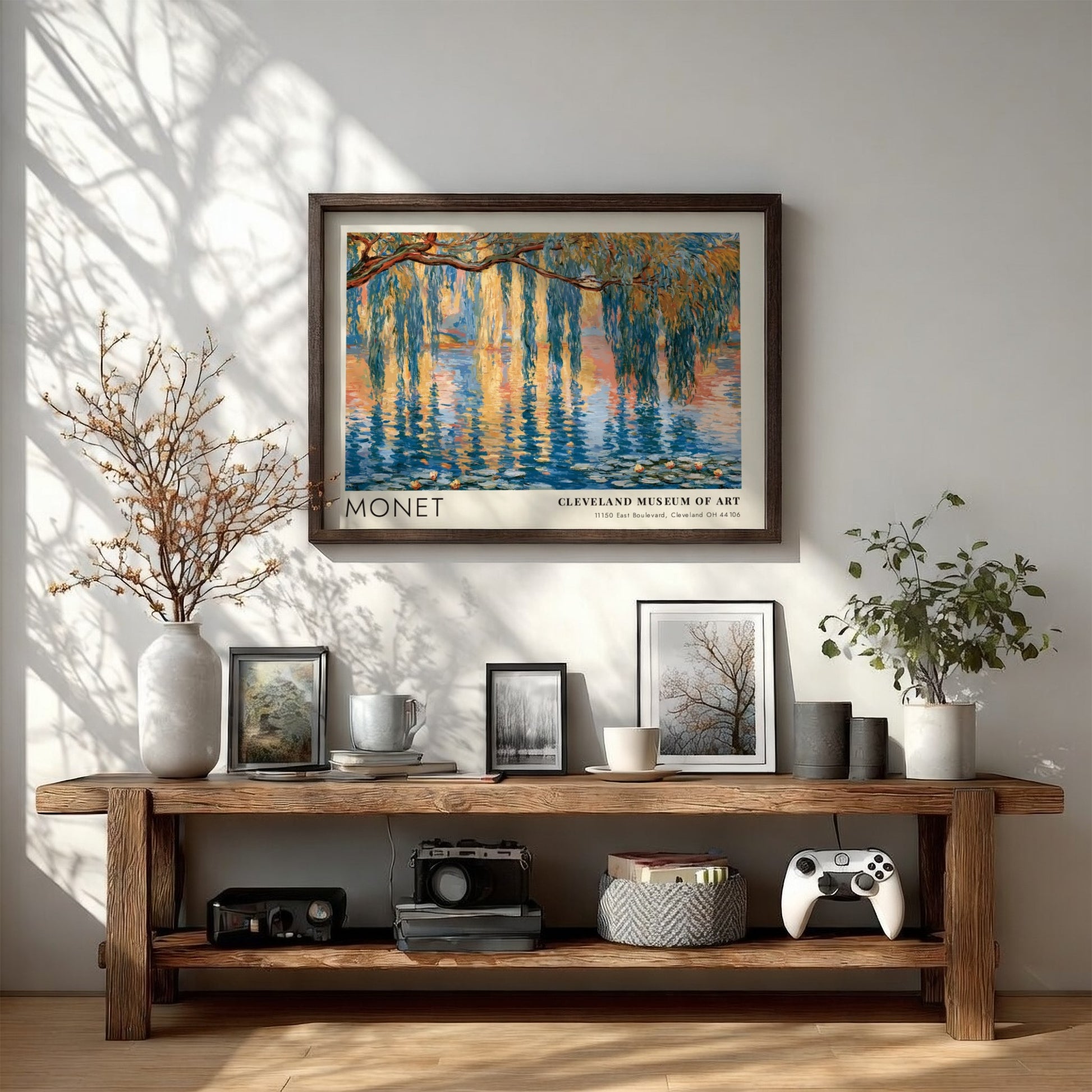 Saule Pleureur poster featuring Monet's impressionistic landscape with blues and greens, perfect wall art for