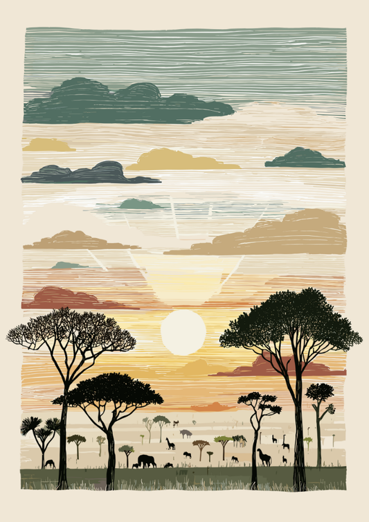 Simplified landscape with trees, animals, and a sun setting behind clouds.