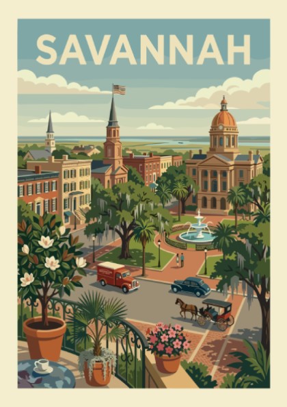 Vintage Savannah cityscape print with historic buildings, a fountain, and trees in a retro style.