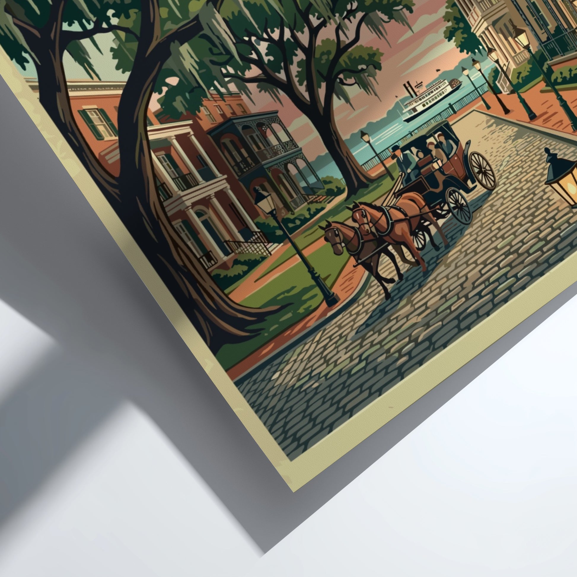 Travel poster of Savannah Historic District featuring a horse-drawn carriage under moss-draped oak trees.