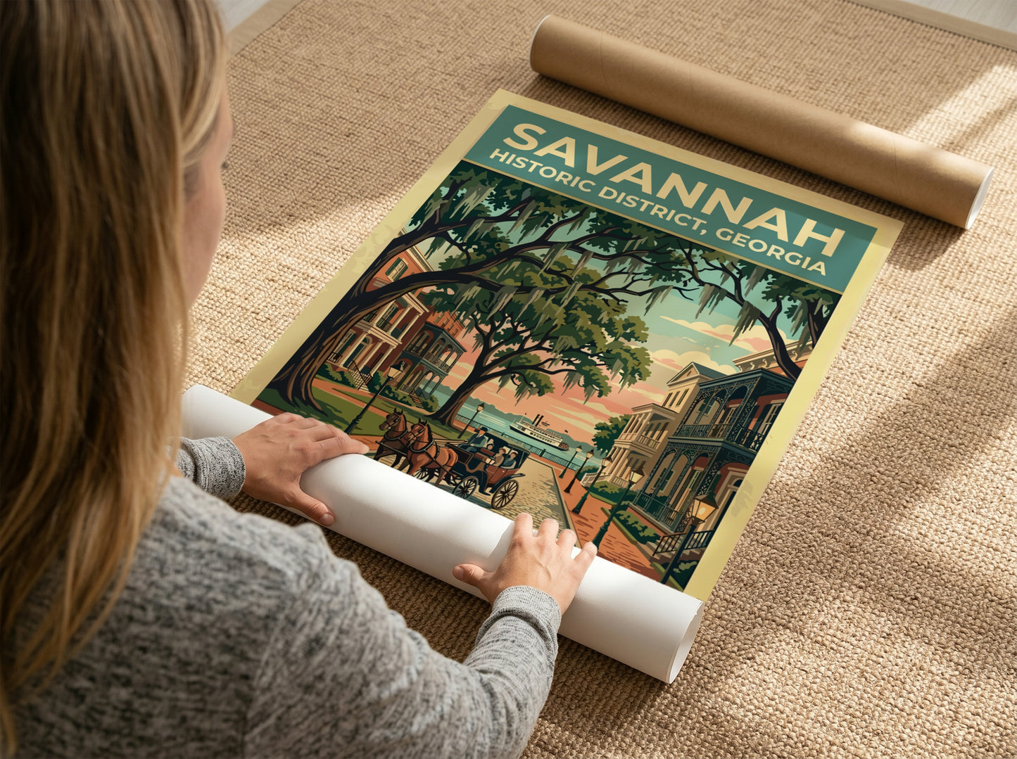 Travel poster of Savannah Historic District featuring a horse-drawn carriage under moss-draped oak trees.