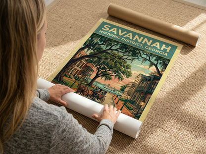 Travel poster of Savannah Historic District featuring a horse-drawn carriage under moss-draped oak trees.