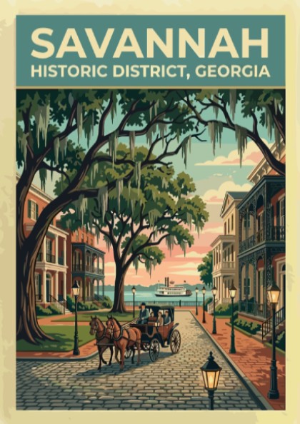 Travel poster of Savannah Historic District featuring a horse-drawn carriage under moss-draped oak trees.