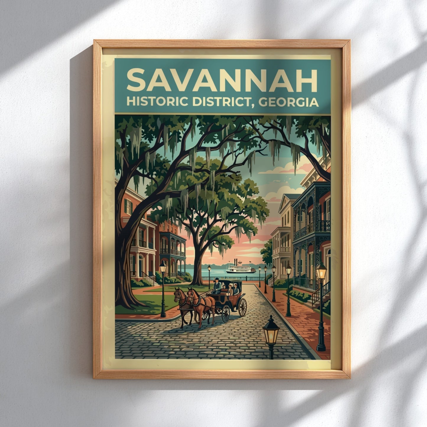 Travel poster of Savannah Historic District featuring a horse-drawn carriage under moss-draped oak trees.